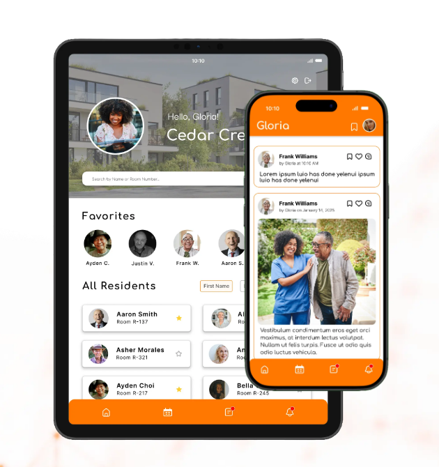 Gloria on tablet and phone: staff resident roster and the family feed