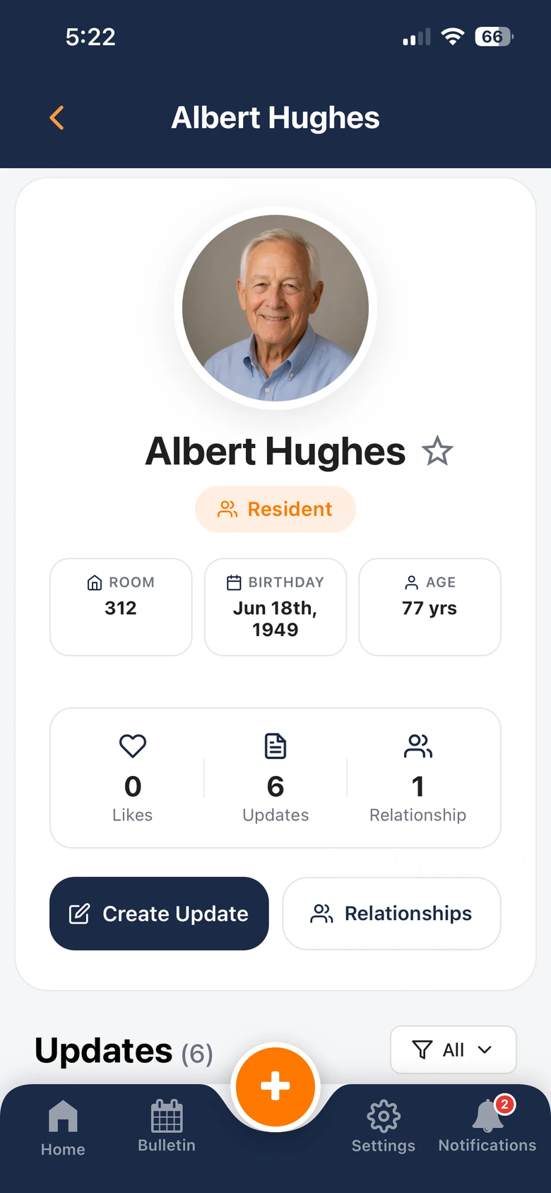 A resident profile in Gloria with room, birthday, update count, and the Create Update button