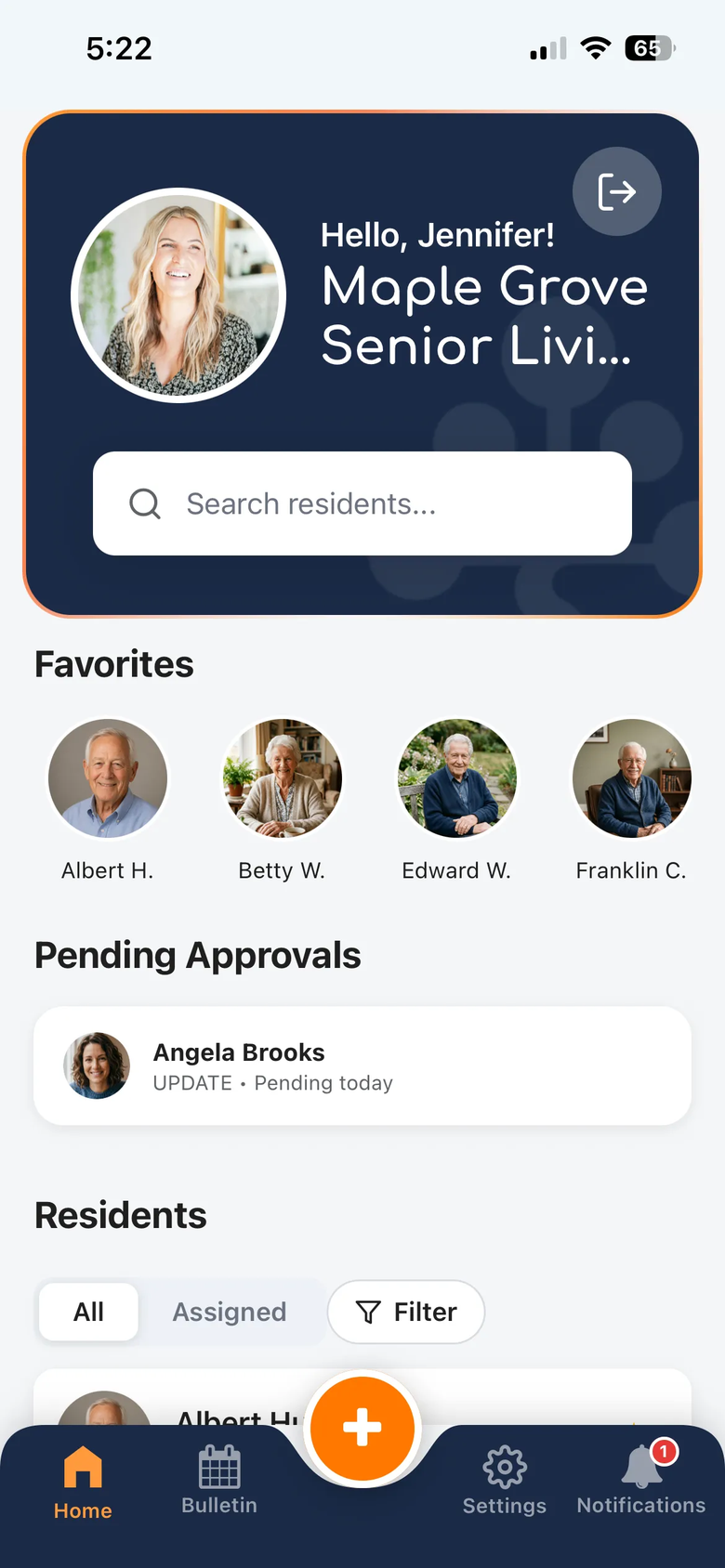 Gloria staff home on an iPhone: greeting header, favorites, a pending approval, and the resident list